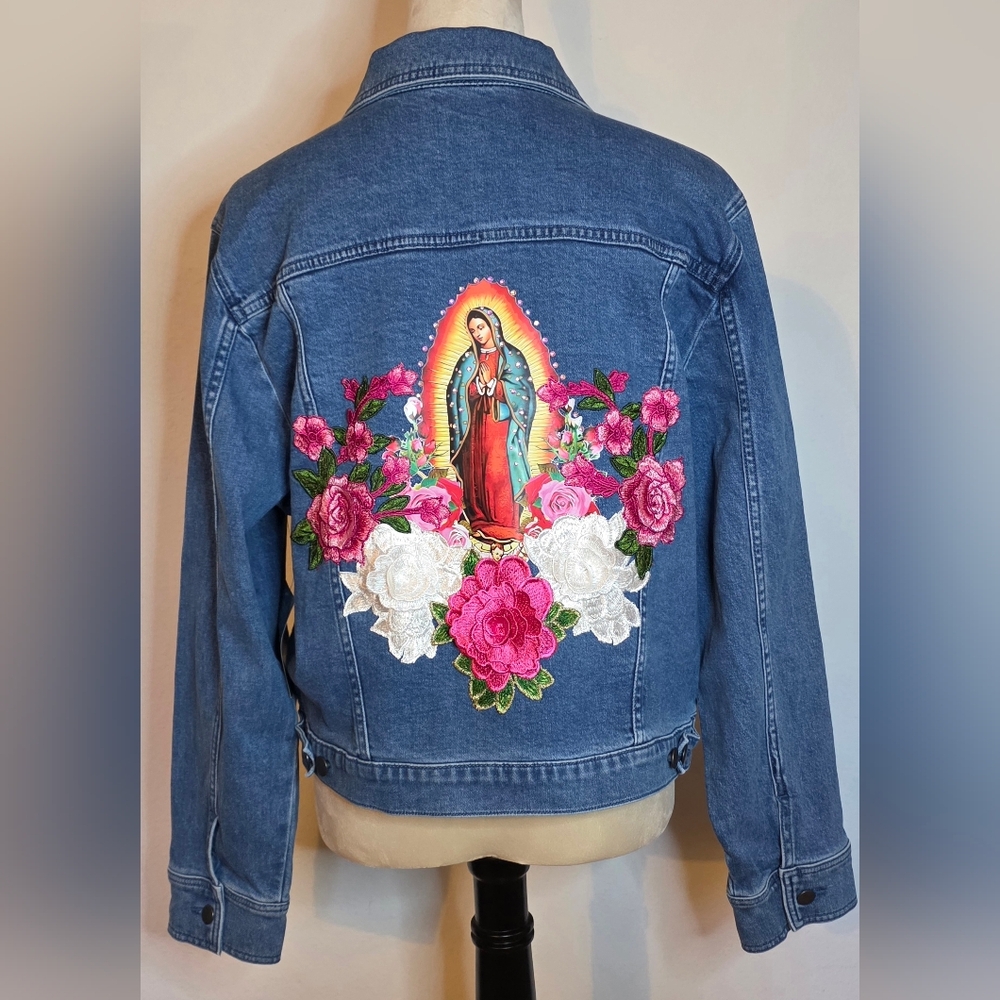 Virgen De Guadalupe new women's denim Blue jacket stretch Sz L /3D Floral Appliq